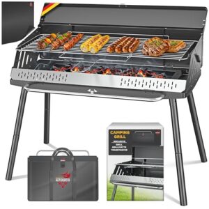 Klappgrill für Camping, Picknick und Angeln - tragbarer Holzkohlegrill mit Gestell aus pulverbeschichtetem Stahl inklusive Grillrost, Grillmatte und Tragetasche