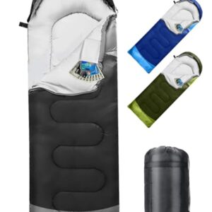 Schlafsack 3-4 Jahreszeiten, Outdoor Wasserdicht Ultraleicht Deckenschlafsack mit Innentasche für Erwachsene Kinder, Tragbare Kompakter Schlafsack für Camping, Wandern, Reise, 220*75cm(Schwarz)