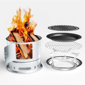 Tragbarer Holzofen für Camping und Outdoor-Abenteuer, einschließlich Grillplatte, Grillrost und Topfhalter, perfekt für Kochen, Heizen und Grillen im Freien