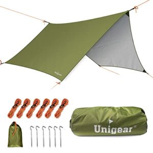 Unigear Zeltplane, wasserdichtes sechseckiges Tarp mit Ösen und 6 Aluminium-Ernägel sowie 6 Seilen. Ideal als Regenschutz oder Sonnenschirm für Outdoor-Aktivitäten wie Camping, Picknick oder Festival.