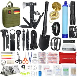 Notfall Survival Kit mit Erste Hilfe Set und Wasserfilter, ideal für Camping und Abenteuer im Freien. 180-Piece-Ausrüstung für Männer mit Multi-Tool Hammer Axt und Geschenkidee.