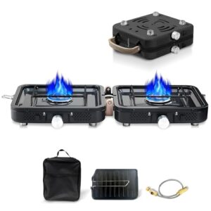 Hengriacly Campingkocher, Collapsible & Tragbar, Gaskocher 2 Flammen mit Piezo-Zündung, inkl. Grillplatte & Gasschlauch, für Outdoor- BBQ, Wandern & Notfälle, Butan (Schwarz)