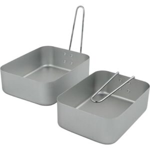 Kompaktes und langlebiges Kochgeschirr für Outdoor-Aktivitäten wie Camping, Trekking und Picknicks. 0,9 L und 1,5 L Aluminiumpfannen mit klappbaren Griffen und stapelbarem Design.