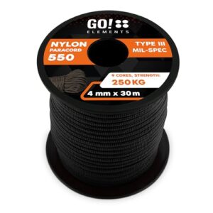 GO!elements 30m Paracord Seil aus reißfester Nylonschnur - 4mm Paracord 550 Typ III Schnur - geeignet als Allzweckseil & Reepschnur - Max. 250kg, Farbe: Schwarz