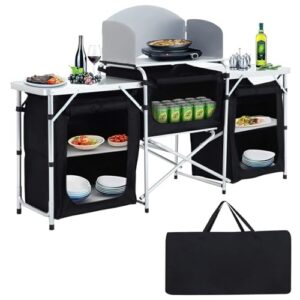 Campingküche mit faltbarem und tragbarem Design, Aluminiumkonstruktion, drei Schränke und abnehmbarer Platte für Picknick, Reisen und Strand