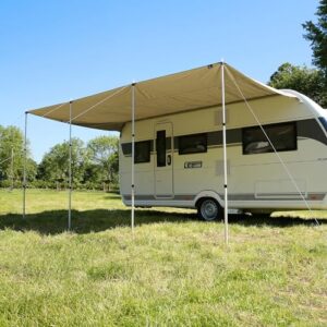 Wasserdichtes Sonnendach für Wohnwagen - wasserdichte Baumwoll-Übertünchung mit UV-Schutz 50+, robuste Alu-Teleskopstangen und einfachem Aufbau.