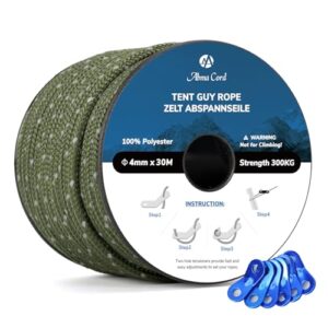Abma Cord Abspannseile Zeltschnur, reflektierendes Armeegrün, 6 Stück Seilspanner, 4mm Durchmesser, 30 Meter Länge, für Camping, Zelte, Sonnensegel und Vorzelten