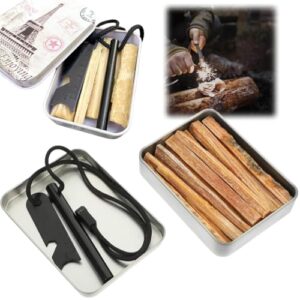 Hochwertiges Outdoor-Survival-Kit für Camping, Wandern und Notfälle. Enthält Magnesiumstab, Flint & Steel Werkzeug und 5-8 Kienspan-Sticks aus Harzholz.