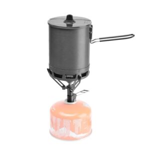 Ultraleichtes Kochgeschirr mit Aluminiumtopf, Titan Gaskocher und Titan Gaskartuschenständer für Outdoor-Aktivitäten wie Wandern, Trekking und Backpacking.