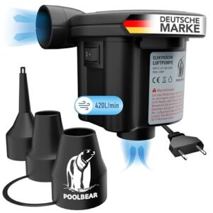 2in1 Elektrische Luftpumpe von PoolBear, 12V Technik, schnell und effizient aufblasen und entleeren, drei spezielle Aufsätze, integrierter Überhitzungsschutz, kompakte und tragbare Bauweise