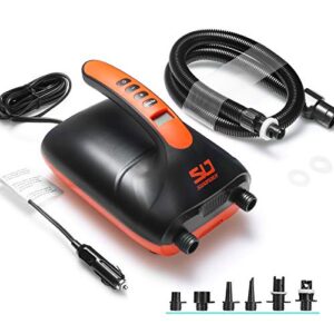 Hochwertige elektrische Luftpumpe für das Aufblasen von Paddle Board Booten, Kajaks und anderen Wasserreise-Geräten mit Intelligenter Zweistufiger Inflation und Unterstützung für 3 SUP in einer Reihe.