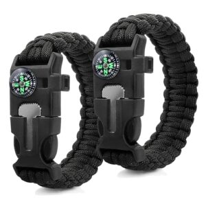 ZSMJAER 2 Stück Set Survival Armband, Multifunktion Paracord Armband Überlebensarmband, Pfeife, Feuerstein, Kompass zum Outdoor-Aktivitäten (Schwarz)