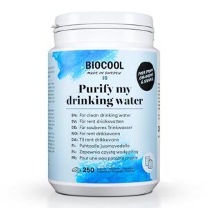 Wasserreinigungstabletten von Biocool für sauberes Trinkwasser bei Camping-, Wandertouren oder in Wohnwagen. Die Tablette reinigt bis zu 5 Liter Wasser.