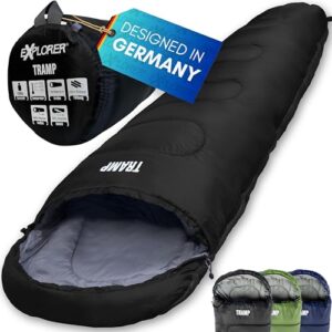 EXPLORER Tramp Schlafsack Schwarz -9°C +9°C [250GSM] 3 Jahreszeiten Leichter Mumienschlafsack für Erwachsene [1300g] 230x80x55cm kombinierbar, ideal für Outdoor, Camping, Trekking und Reisen