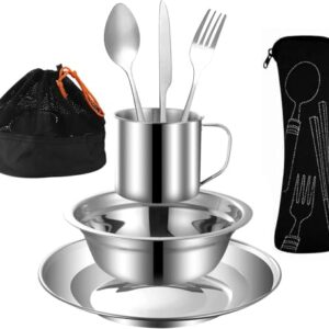 Outdoor-Camping-Besteck-Set aus Edelstahl mit Teller, Schüssel, Tasse, Messer, Löffel und Gabel in Mesh-Tasche für Camping und Backpacking für eine Person