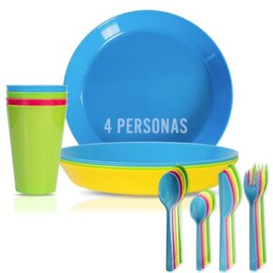 Komplettset für 4 Personen: Plastikteller, Becher und Besteck. Langlebig, umweltfreundlich und in der Spülmaschine gereinigt werden kann.