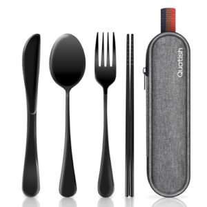 Quatish Camping Besteck, 5 Stück Edelstahl Reisebesteck mit Etui, besteckset to go, edelstahl bestecktasche für unterwegs, outdoor, reise, Arbeit, Schule, Schwarz