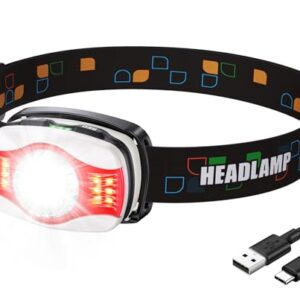 Stirnlampe LED Wiederaufladbar mit 1200 mAh Akku, Superhell Kopflampe mit weißen und roten Lichtmodi, IPX4 Wasserdicht, 45° verstellbare Lauflampe für Joggen, Angeln, Wandern & Laufen