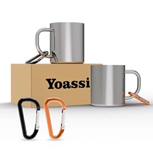 Yoassi Camping Becher Edelstahl, 2er Set Thermotasse mit Karabiner, doppelwandige Isolierbecher für Outdoor und Camping, 300ml ohne Deckel