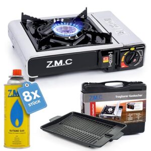 Leistungsstarker Gaskocher für Outdoor und Innenraum mit Piezozündung, Campingkocher 2,2 kW, Aufbewahrungskoffer und Grillplatte