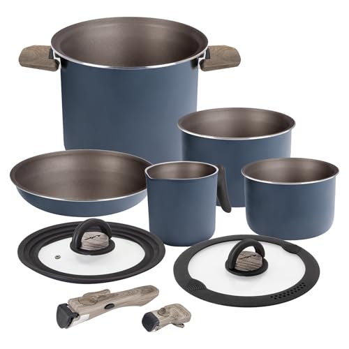 Camping Kochgeschirr Set aus Aluminium, 7 Teile inklusive 2 zusätzlichen Teil, Ø 22 cm, für 2 bis 4 Personen, Beschichtet, leicht, hochwertig und stapelbar.