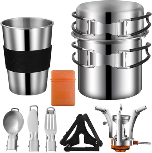 Camping Kochgeschirr Mess Kit, Edelstahl Camping Kochset mit Miniherd für Camping, Backpacking und Picknick