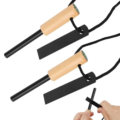 Zwei Feuersteine mit Holzgriff und Magnesium-Fußfeuerstarter, ein Präzisionskompass und ein Überlebensset für Bushcraft, Camping und Wandern.