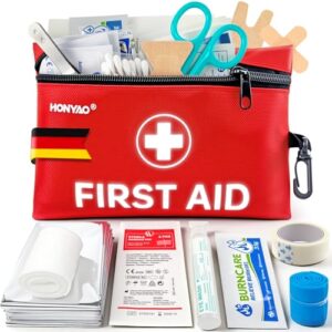Erste Hilfe Set 105 Teilig, Mini Reiseapotheke, Verbandskasten Klein für Outdoor Reise Zuhause Camping Fahrrad Wandern Kinder, Rot mit umfassender Erste-Hilfe-Ausstattung und verschiedenen medizinischen Artikeln
