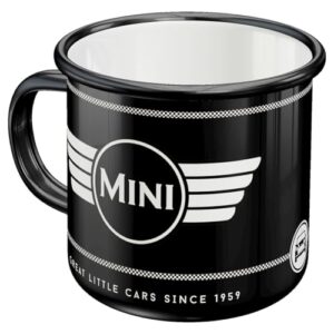 Mini Cooper Fan Geschenk Idee, Retro Emaille Tasse mit Logo Black und Vintage Design