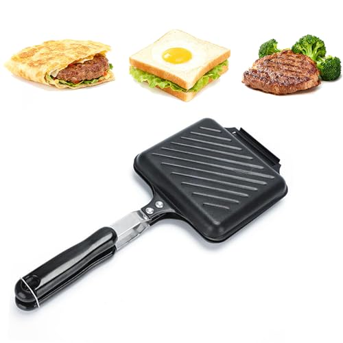 Felenny Doppelseitige Bratpfanne, Sandwich & Panini Maker mit Antihaftbeschichtung, Hitzebeständige Griffe für Camping, Frühstück & Reisen, Kompakte Pfanne für Gaskocher und Küche