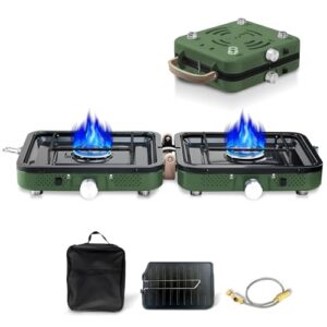 Campingkocher mit 2 Flammen und Piezo-Zündung, inkl. Grillplatte und Gasschlauch, für Outdoor-BBQ, Wanderungen und Notfälle