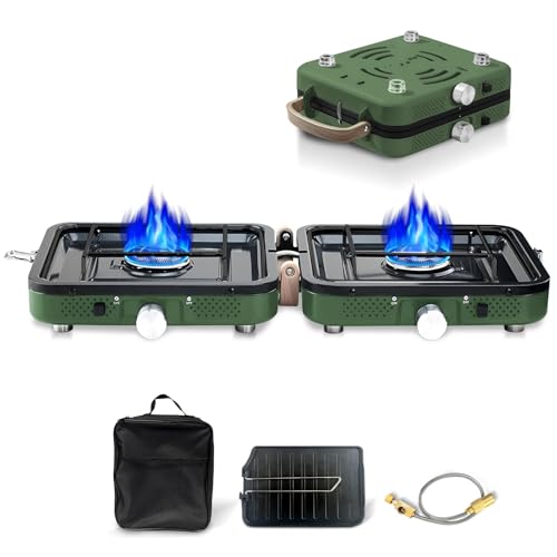 Campingkocher mit 2 Flammen und Piezo-Zündung, inkl. Grillplatte und Gasschlauch, für Outdoor-BBQ, Wanderungen und Notfälle