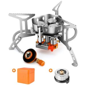 Campingkocher mit Piezozünder, 6 Brenner, metallischer Look und orangefarbene Knöpfe