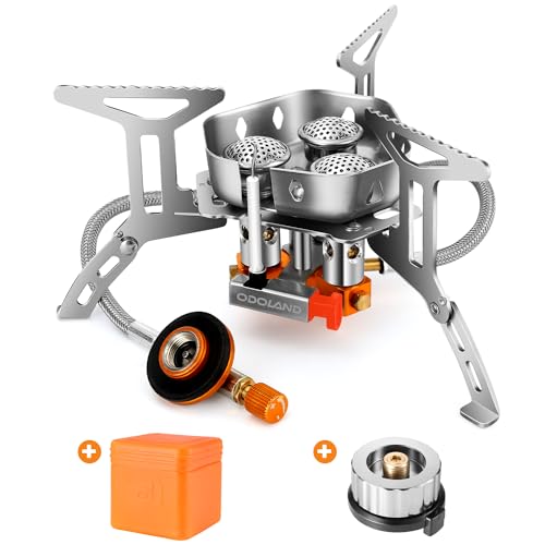 Campingkocher mit Piezozünder, 6 Brenner, metallischer Look und orangefarbene Knöpfe