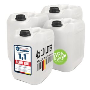 Plasteo Kanister 4 x 10 L für Getränke und Wasser - Natur, BPA frei, Lebensmittelrechtlich, in Deutschland hergestellt, UN-zulassung, tragbar, Indoor und Outdoor verwendbar