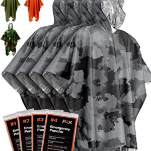 PREPARED4X Notfalldecken und Regenponcho Hybrid Survival Gear und Equipment, Robuste, speichert 90% der Wärme + reflektierende Seite für erhöhte Sichtbarkeit, 4-teilig (Camo)