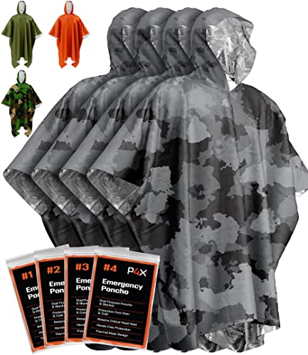 PREPARED4X Notfalldecken und Regenponcho Hybrid Survival Gear und Equipment, Robuste, speichert 90% der Wärme + reflektierende Seite für erhöhte Sichtbarkeit, 4-teilig (Camo)