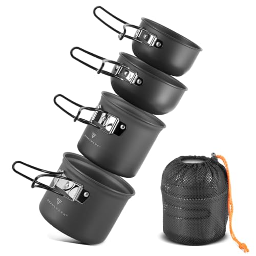 Camping Kochtopf-Set 4-teilig aus Aluminium mit Antihaftbeschichtung, Outdoor Kochgeschirr mit Töpfen und Deckeln für Camping-Aventure