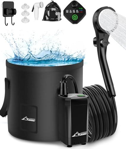 Tragbare Campingdusche mit Akku, Pumpe und Eimer für Camping Reisen Garten Autowaschen - Schwarz