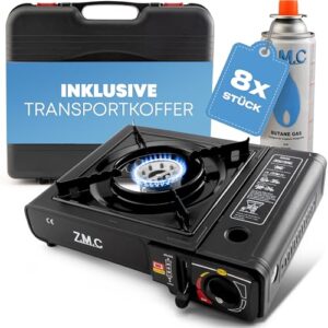 Z.M.C Gaskocher 1-flammig inkl. Adapter für LPG + Aufbewahrungskoffer + 8 Gaskartuschen 227g, Campingkocher für Outdoor und Innenraum, Campinggaskocher 2,2 kW mit Piezozündung