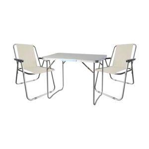 3-teiliges Campingmöbel Set aus Aluminium für den Außenbereich, inklusive Campingtisch und zwei Campingstühlen in Beige