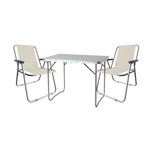 3-teiliges Campingmöbel Set aus Aluminium für den Außenbereich, inklusive Campingtisch und zwei Campingstühlen in Beige