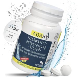 Bild einer Trinkwasseraufbereitungsflasche mit Silberionen, die Keime, Viren und Bakterien inaktiviert. Geeignet für Camping-, Wohnmobil- und Outdoor-Aktivitäten.