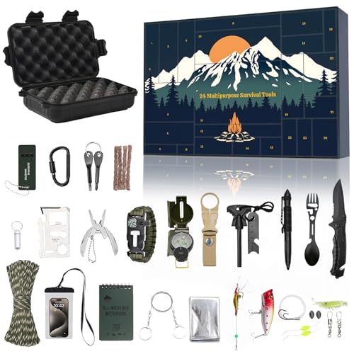 Survival-Kits für Männer mit 24 verschiedenen Gadgeteinsätzen und Notfallsitzungen, ideal für Camping, Angeln und Outdoor-Aktivitäten.