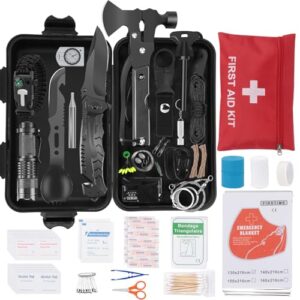 Professionelles Notfallset für Outdoor-Aktivitäten, inklusive Multifunktionswerkzeugaxt, Klappmesser, Taschenlampe und Feuerstein.