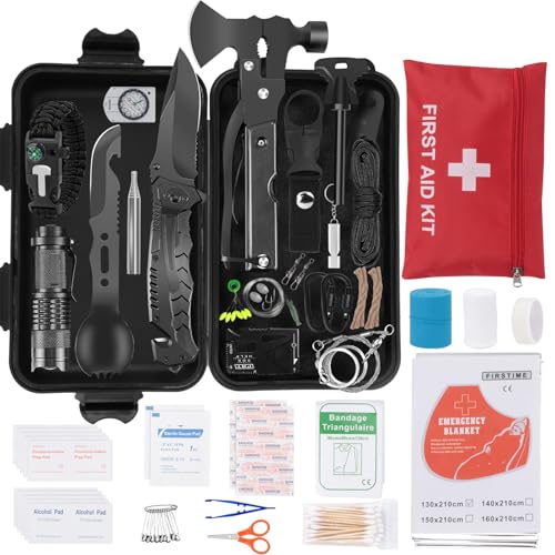 Professionelles Notfallset für Outdoor-Aktivitäten, inklusive Multifunktionswerkzeugaxt, Klappmesser, Taschenlampe und Feuerstein.