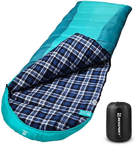 Bessport Schlafsack Flannel für Camping und Wandern - Leichter, wasserdichter und warmer Schlafsack für Erwachsene und Kinder, ideal für 3-4 Jahreszeiten von 10 bis 15°C