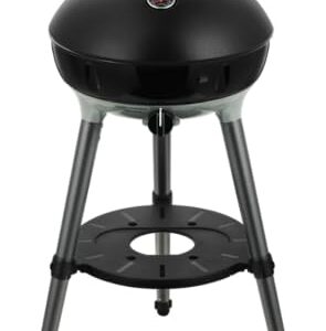 Portabler Gasgrill mit stählerner und schwarzer Farbgebung, ideal für Camping, Garten oder Zeltreise, mit Grill2Braai-Platte, Panhalter, Paellapfanne und Deckelthermometer