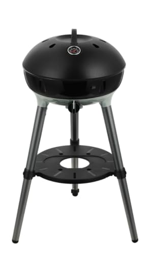 Portabler Gasgrill mit stählerner und schwarzer Farbgebung, ideal für Camping, Garten oder Zeltreise, mit Grill2Braai-Platte, Panhalter, Paellapfanne und Deckelthermometer
