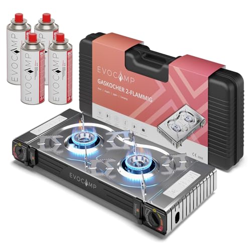 Campinggaskocher mit zwei Flammen und Piezo-Zündung, ideal für den Einsatz im Freien. Der Gaskocher verfügt über eine stabile Zündung und kann leicht eingerichtet werden.